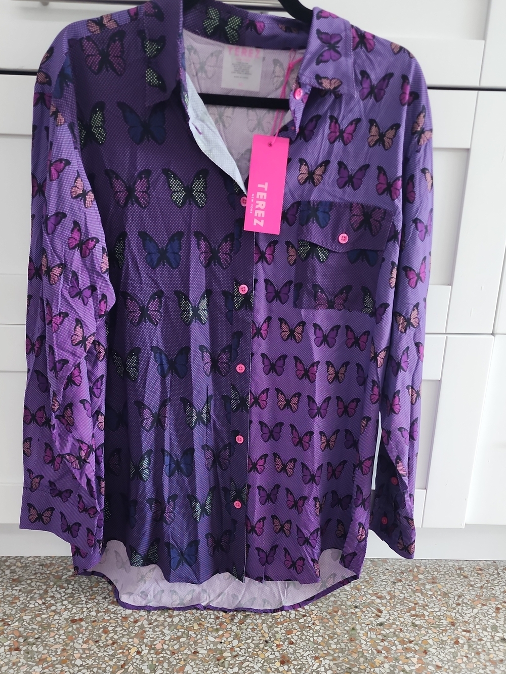 Terez Purple Butterfly Button-Up Shirt with Pink Buttons